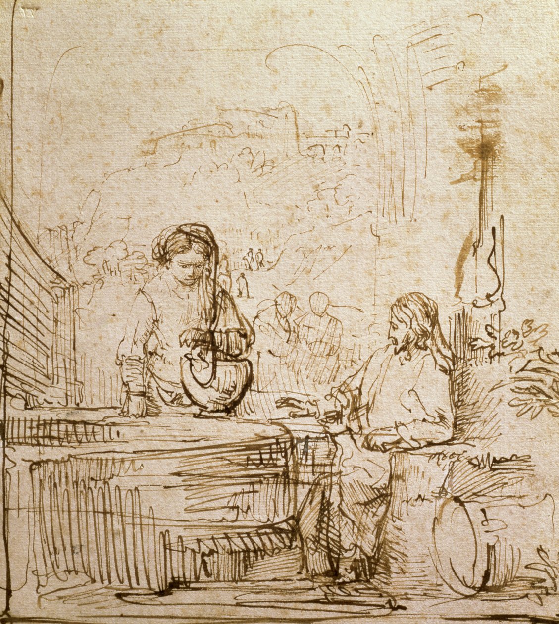 Kristus a samařská žena (pero a hnědá tuš na papíře) od Rembrandt van Rijn
