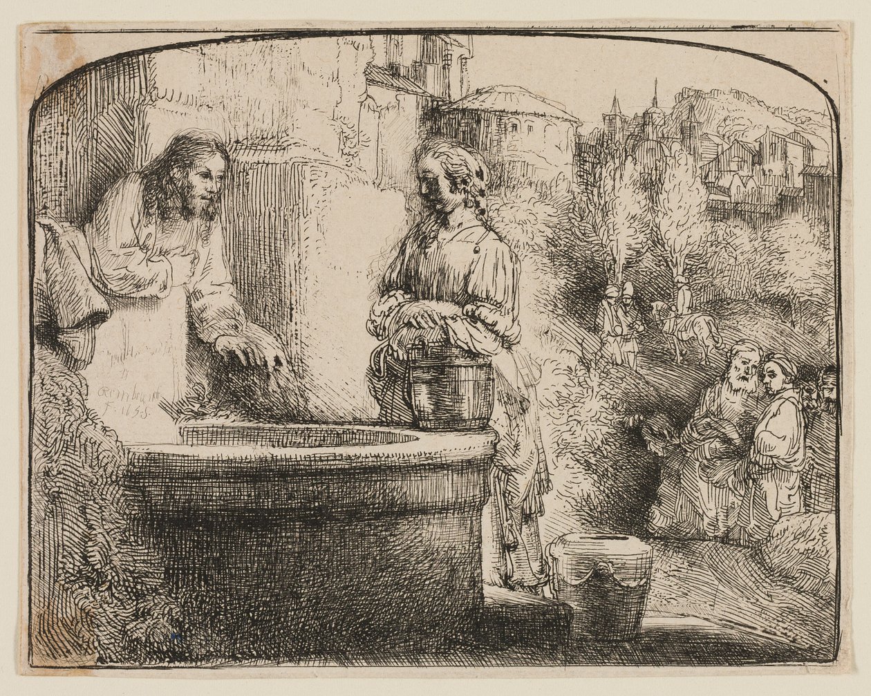 Kristus a žena Samaří: Obloukový tisk od Rembrandt van Rijn