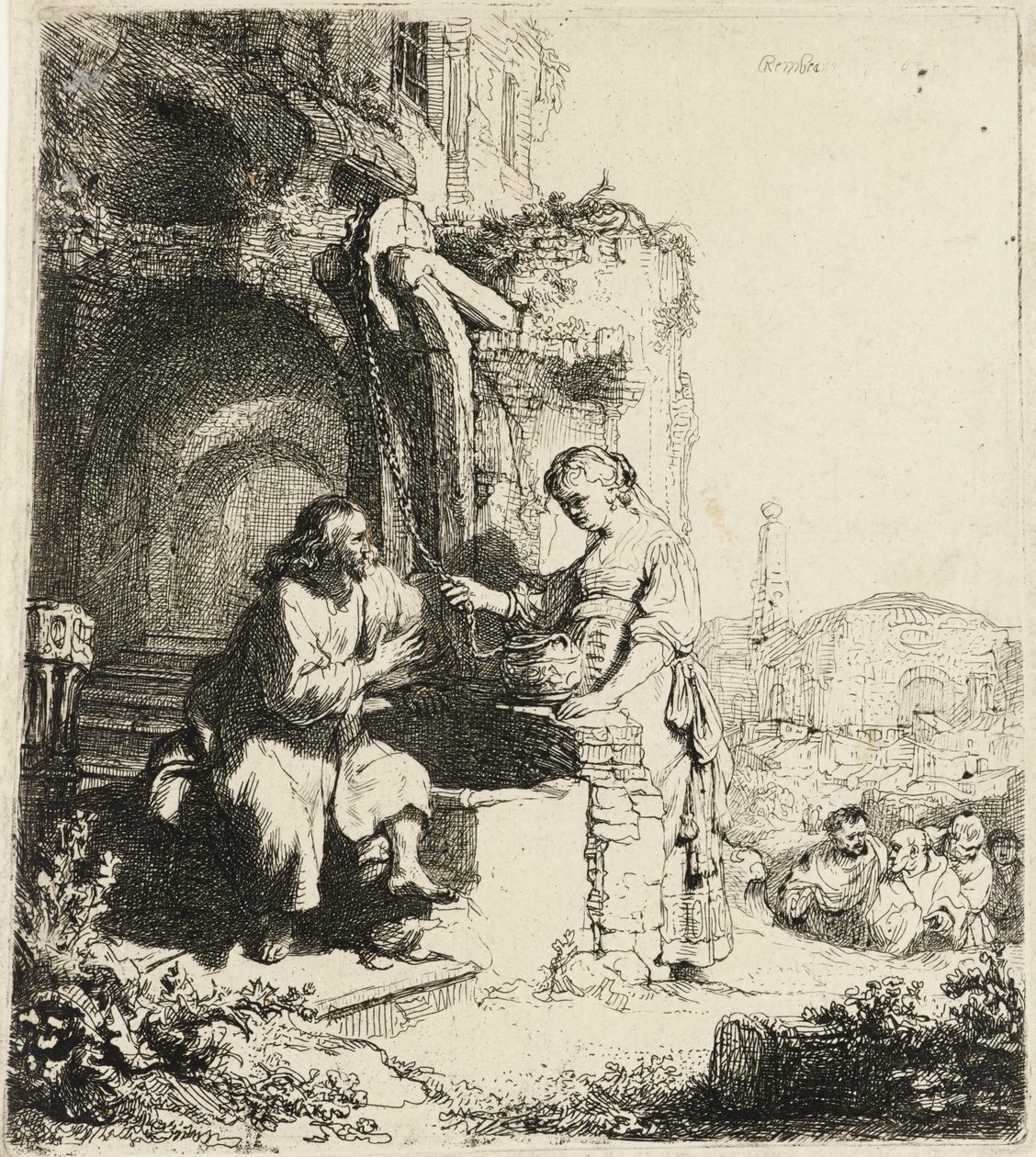 Kristus a žena Samaří mezi ruinami [Jan 4:5-20], 1634. od Rembrandt van Rijn