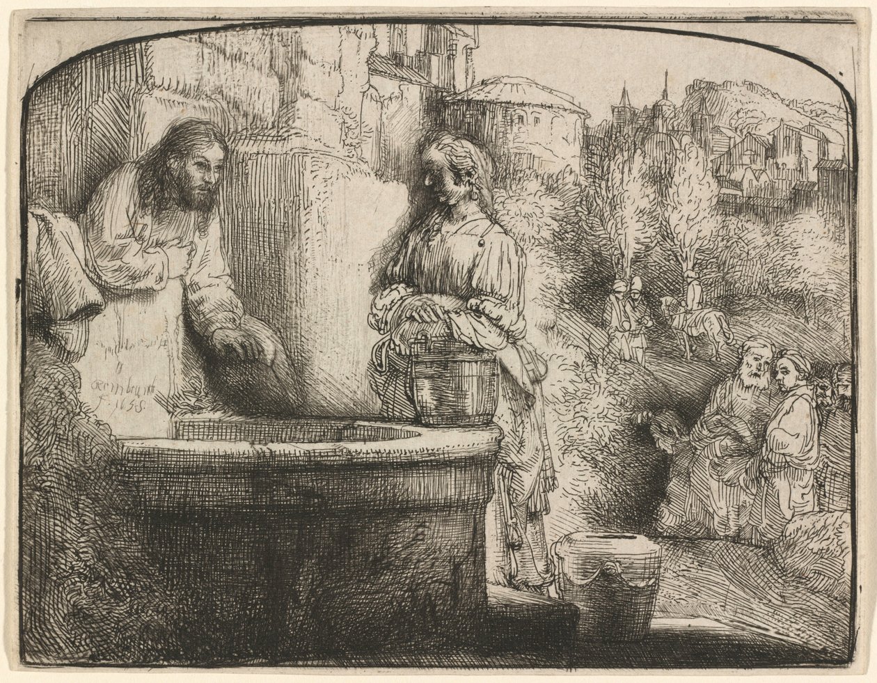 Kristus a žena ze Samaří: tisk s obloukovým motivem od Rembrandt van Rijn
