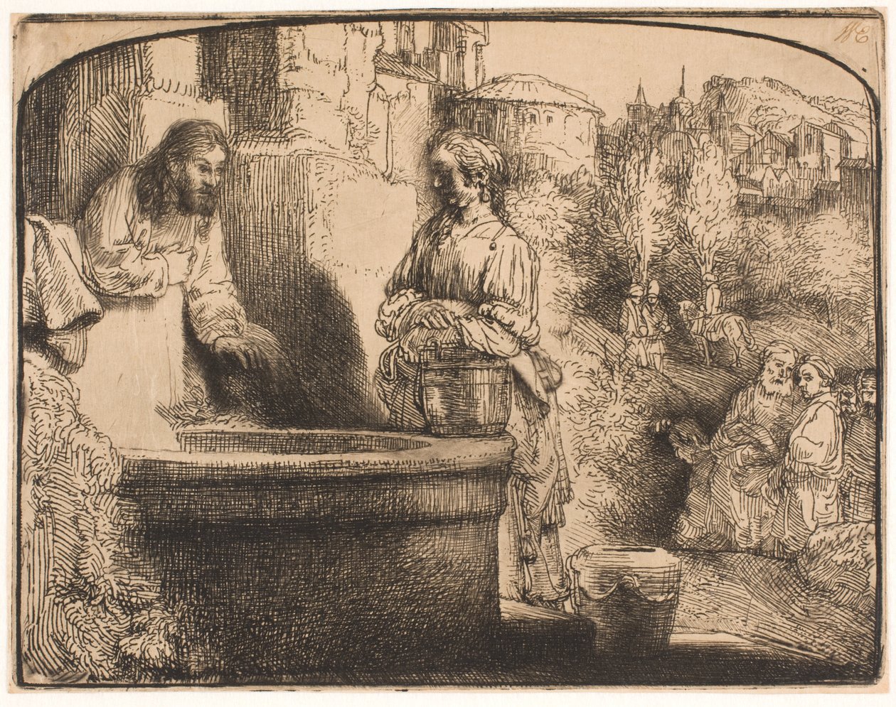 Kristus a žena Samaří: klenutý tisk od Rembrandt van Rijn