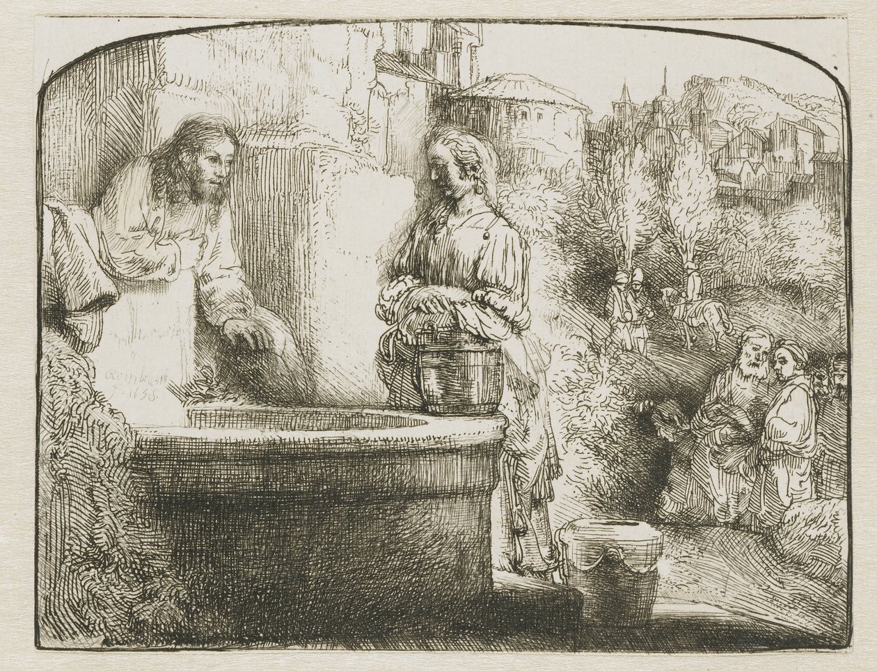 Kristus a žena Samaří: klenutý tisk od Rembrandt van Rijn