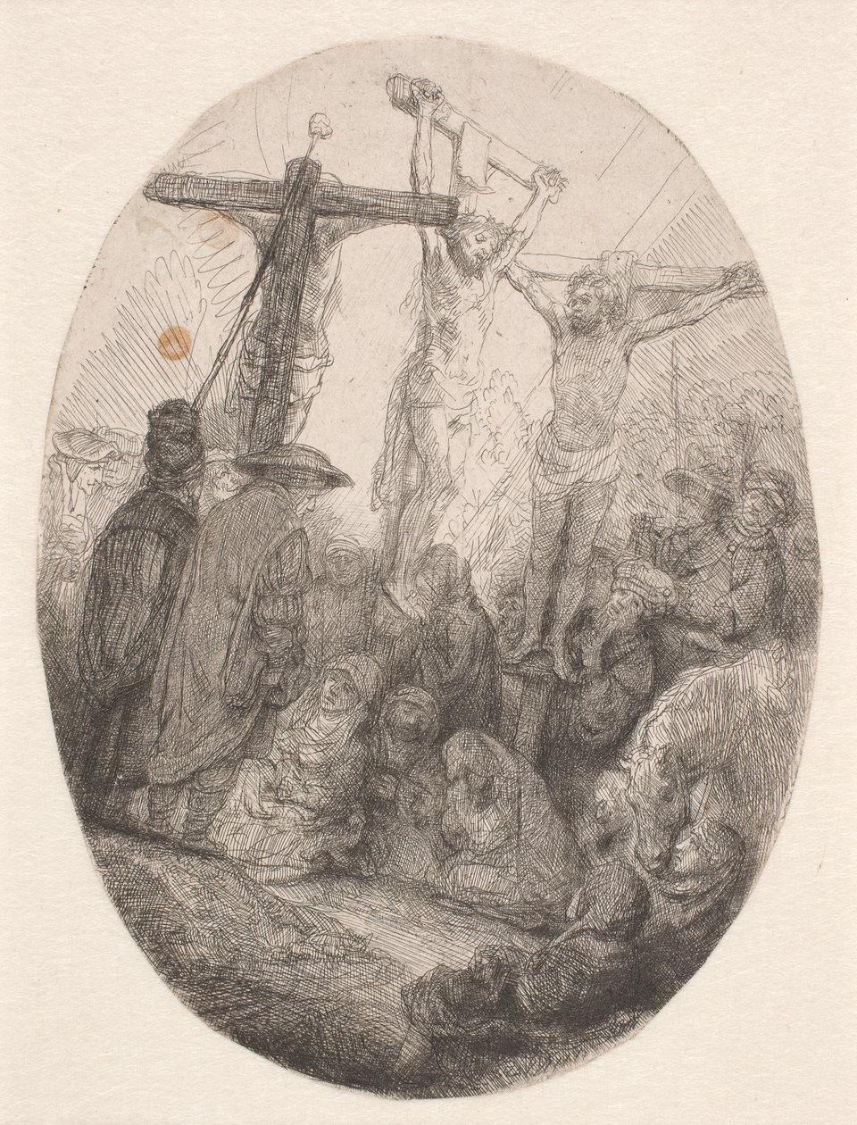 Ukřižovaný Kristus mezi dvěma zločinci: oválný talíř od Rembrandt van Rijn