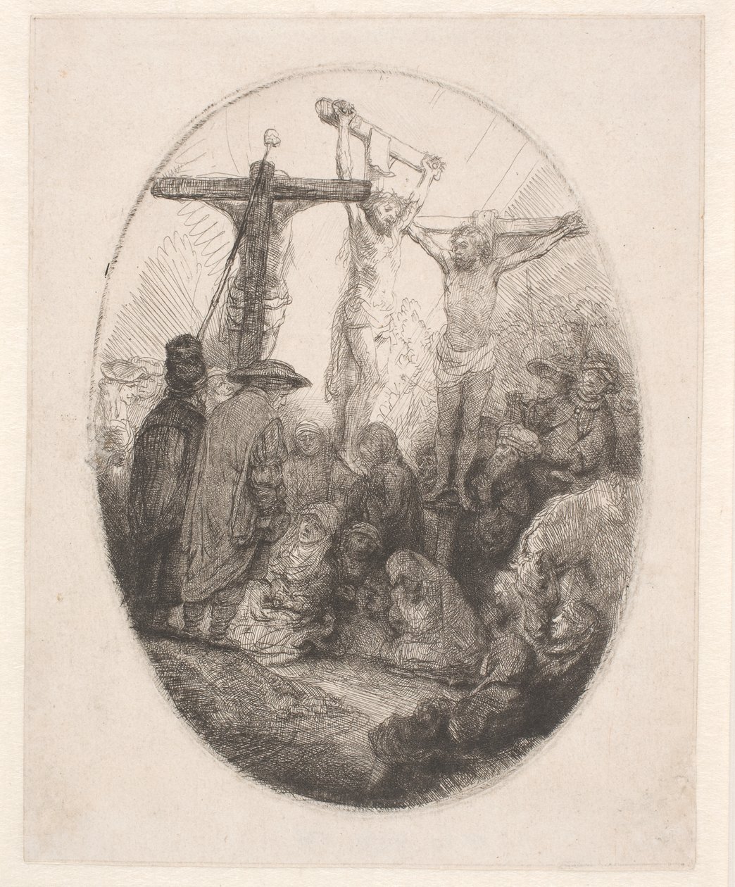 Ukřižovaný Kristus mezi dvěma zločinci: oválný talíř od Rembrandt van Rijn
