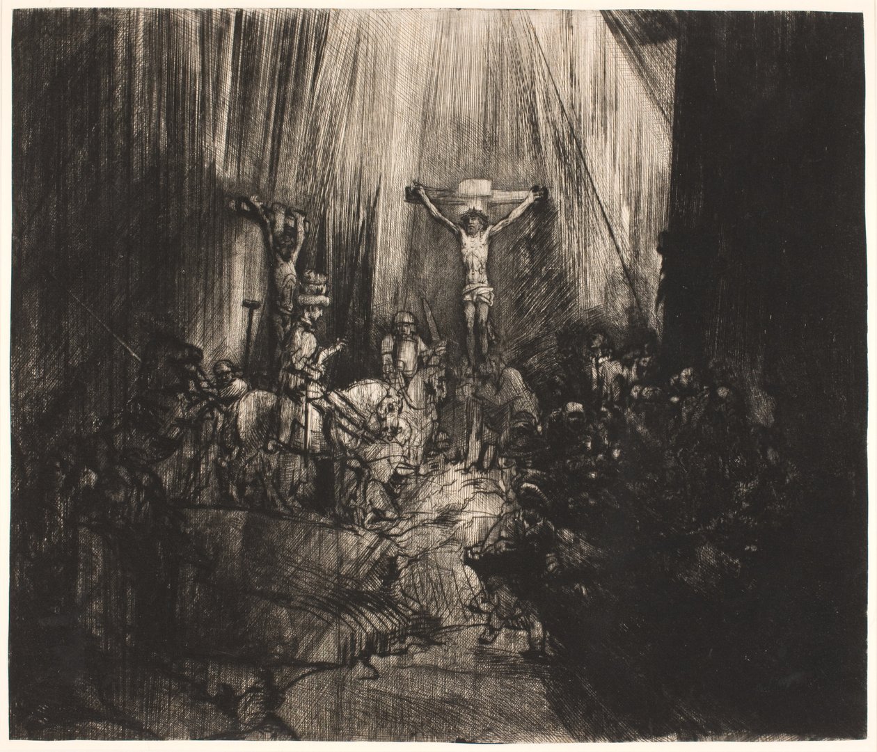 Kristus ukřižovaný mezi dvěma zloději: velký podlouhlý talíř ("Tři kříže") od Rembrandt van Rijn