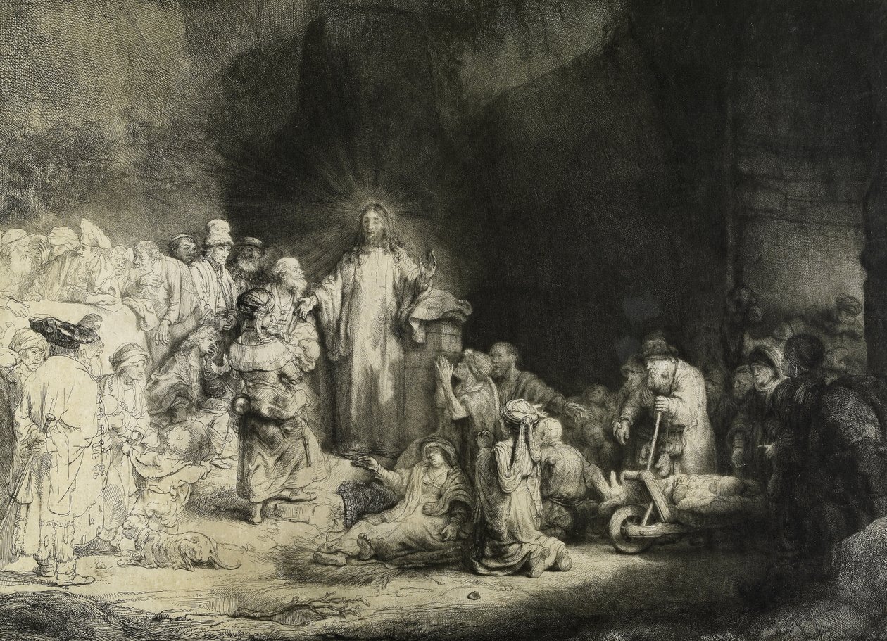 Kristus uzdravující nemocné: „Sto guldenový tisk“, c. 1649 (lept, suchá jehla a rytina) od Rembrandt van Rijn