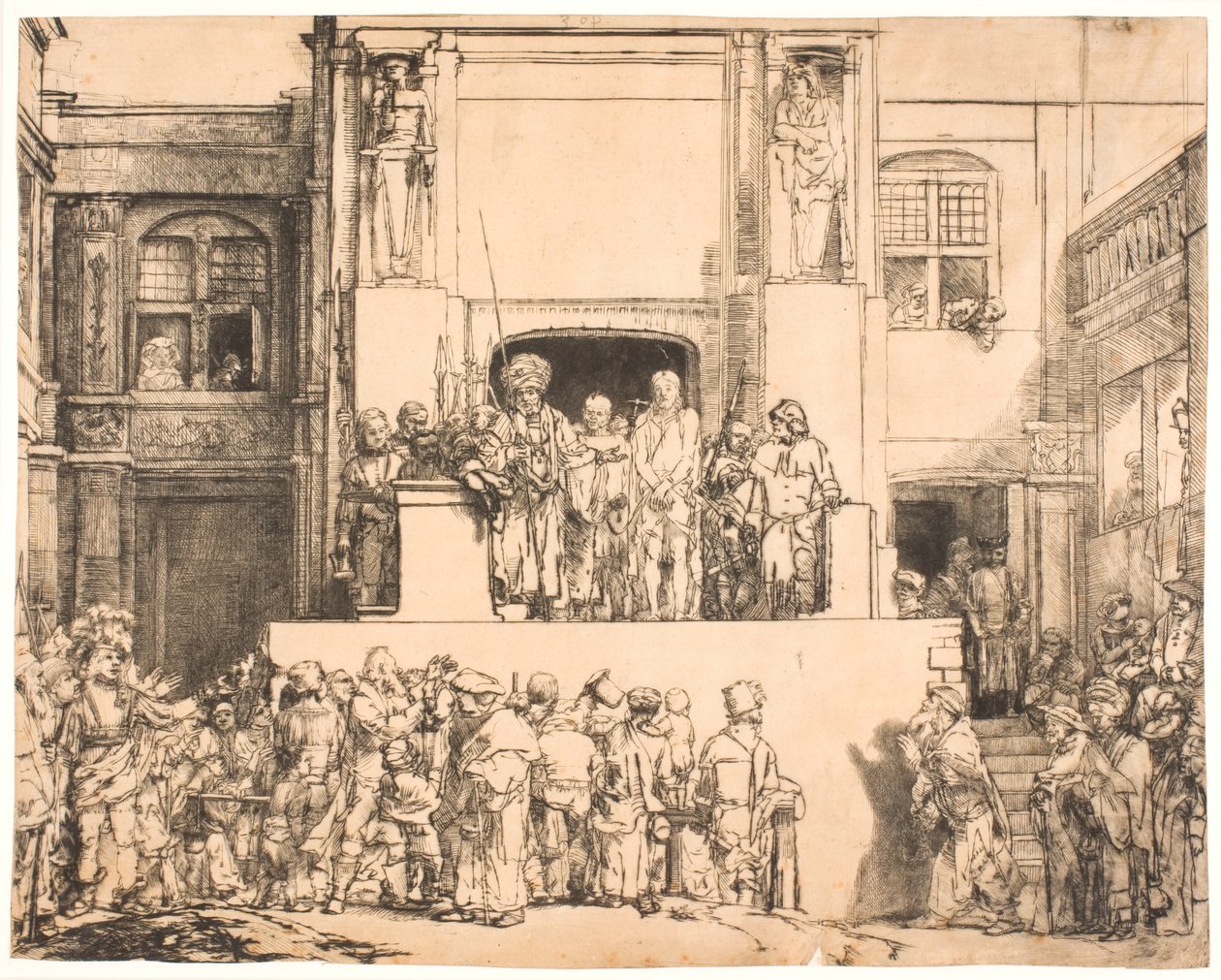 Kristus představil lidu: velký podlouhlý talíř od Rembrandt van Rijn