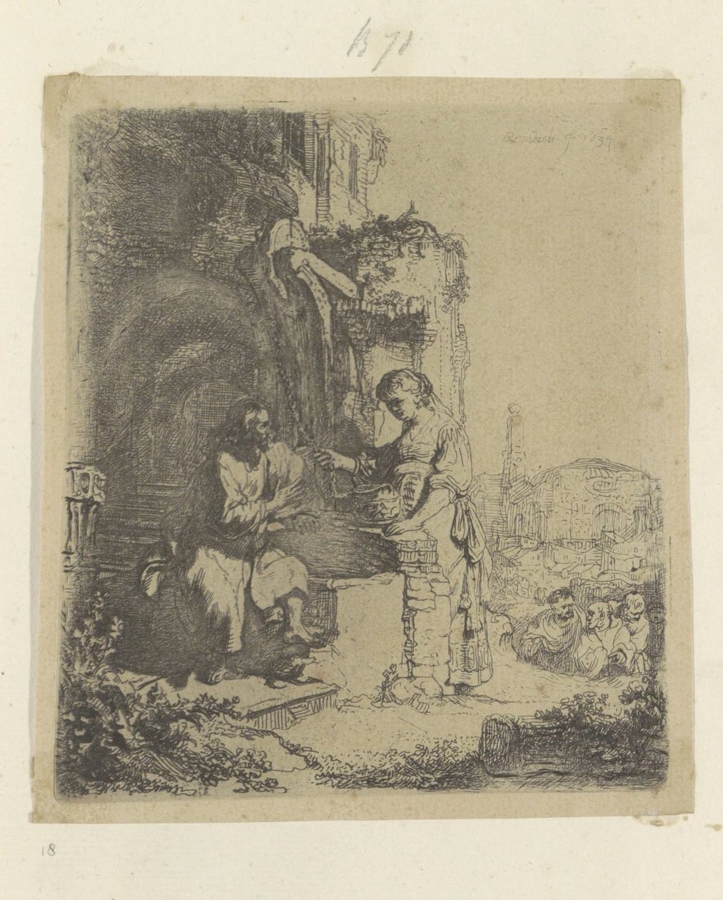 Kristus a Samaritánka: Ruiny v pozadí Recueil de quatre-vingt-cinq estampes originales (název série) od Rembrandt van Rijn