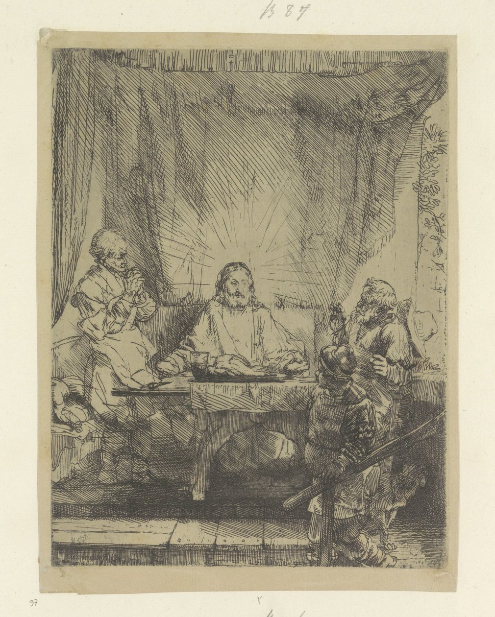 Christus te Emmaus: grote plaat Kolekce osmdesáti pěti původních tisků (název série) od Rembrandt van Rijn
