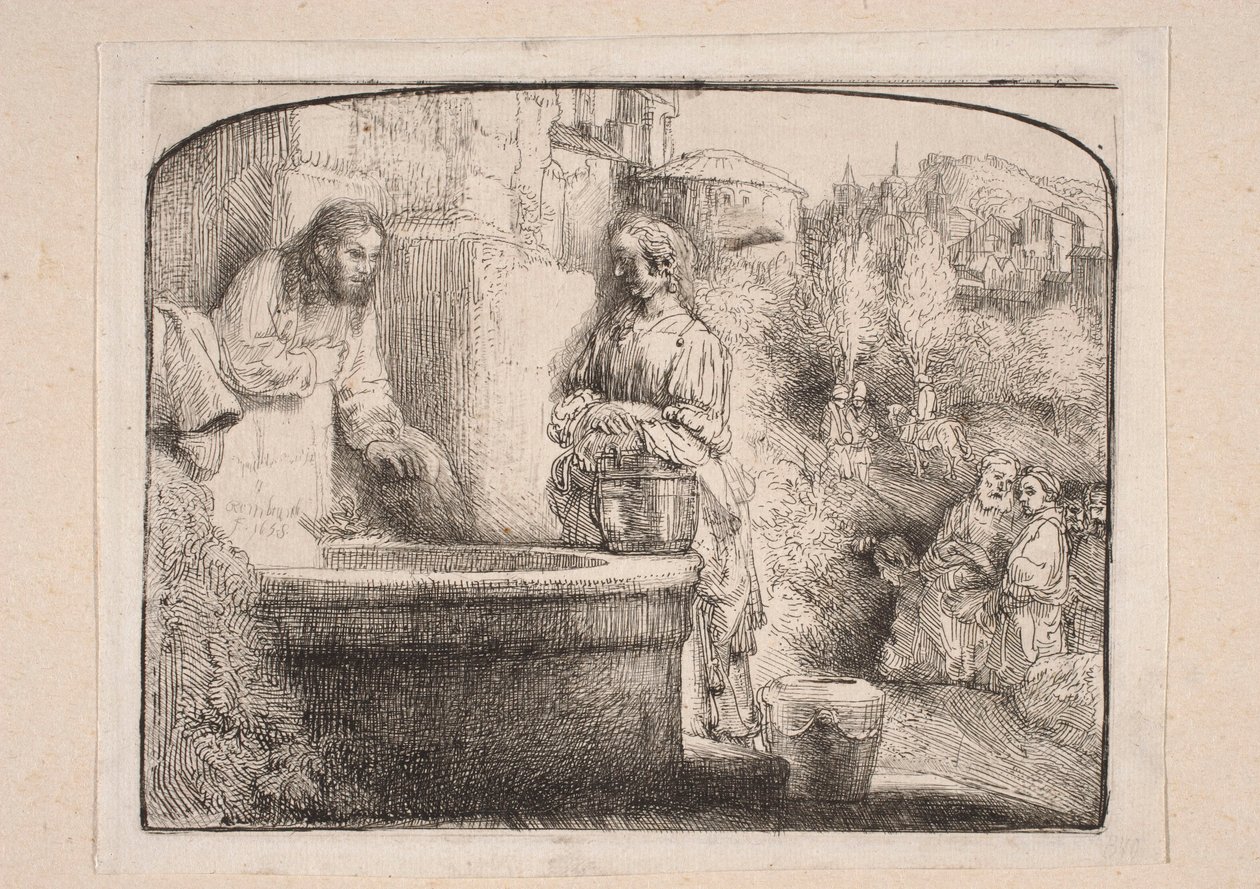 Kristus a Samaritánka (kompozice nahoře uzavřená obloukem) od Rembrandt van Rijn