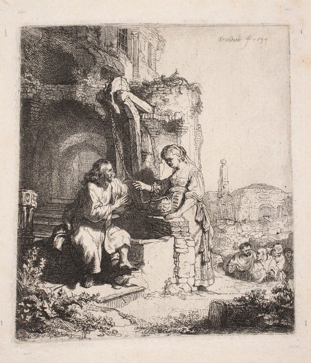 Kristus a Samaritánka mezi troskami (vertikální kresba) od Rembrandt van Rijn