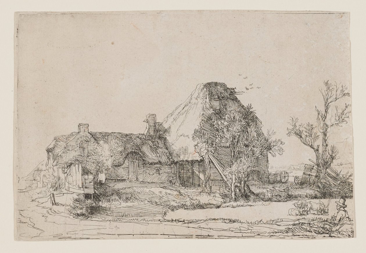 Chata a hospodářské budovy s mužem, který kreslí od Rembrandt van Rijn