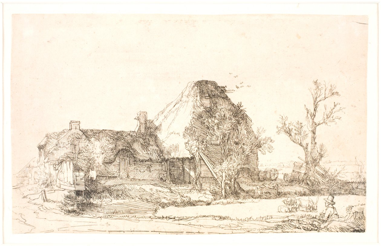 Chata a hospodářské budovy s mužem skicování od Rembrandt van Rijn