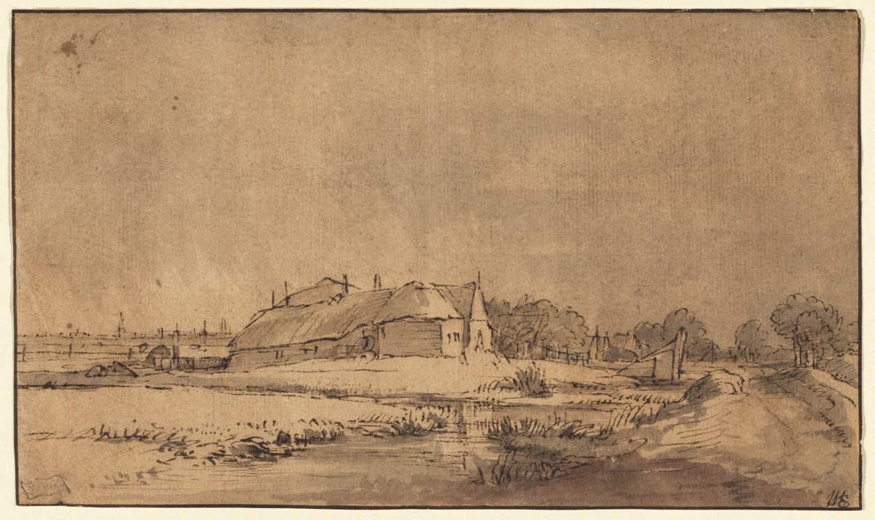 Chaty a stodola vedle silnice od Rembrandt van Rijn