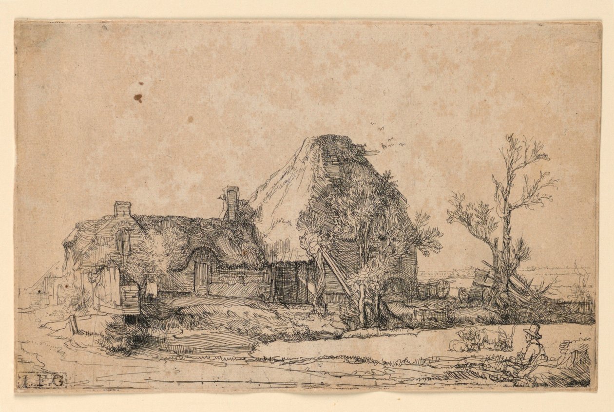 Chaty a hospodářská budova s mužem skicování od Rembrandt van Rijn