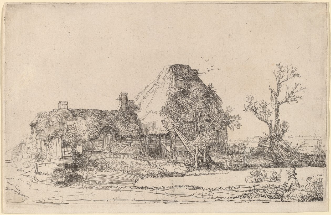 Chaty a hospodářské budovy s mužem skicování od Rembrandt van Rijn