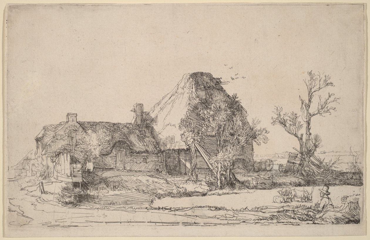 Chaty a hospodářské budovy s mužem, který kreslí od Rembrandt van Rijn