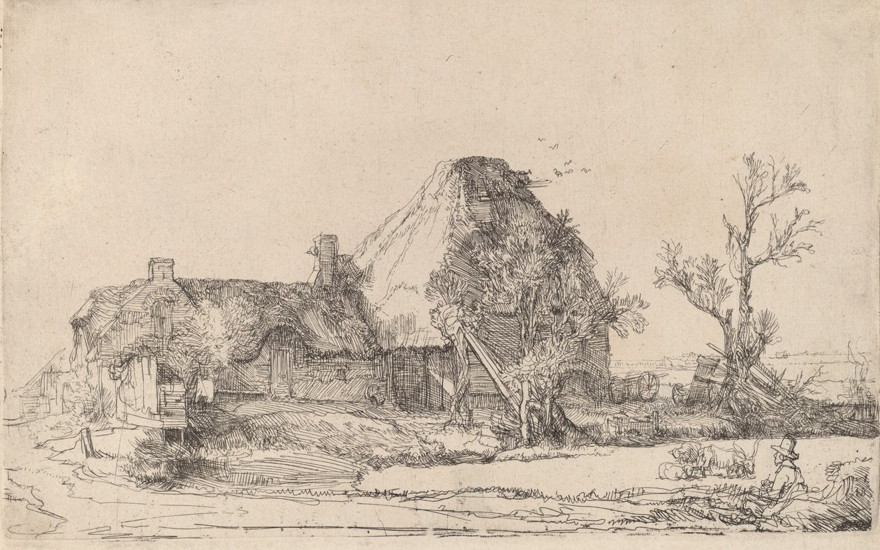 Chaty a hospodářské budovy s skicováním muže, c. 1645. od Rembrandt van Rijn