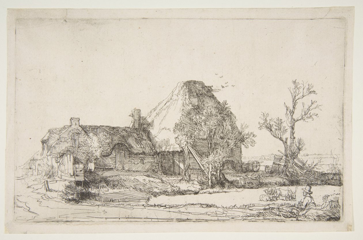 Chaty a hospodářské budovy s skicováním muže, ca. 1645. od Rembrandt van Rijn