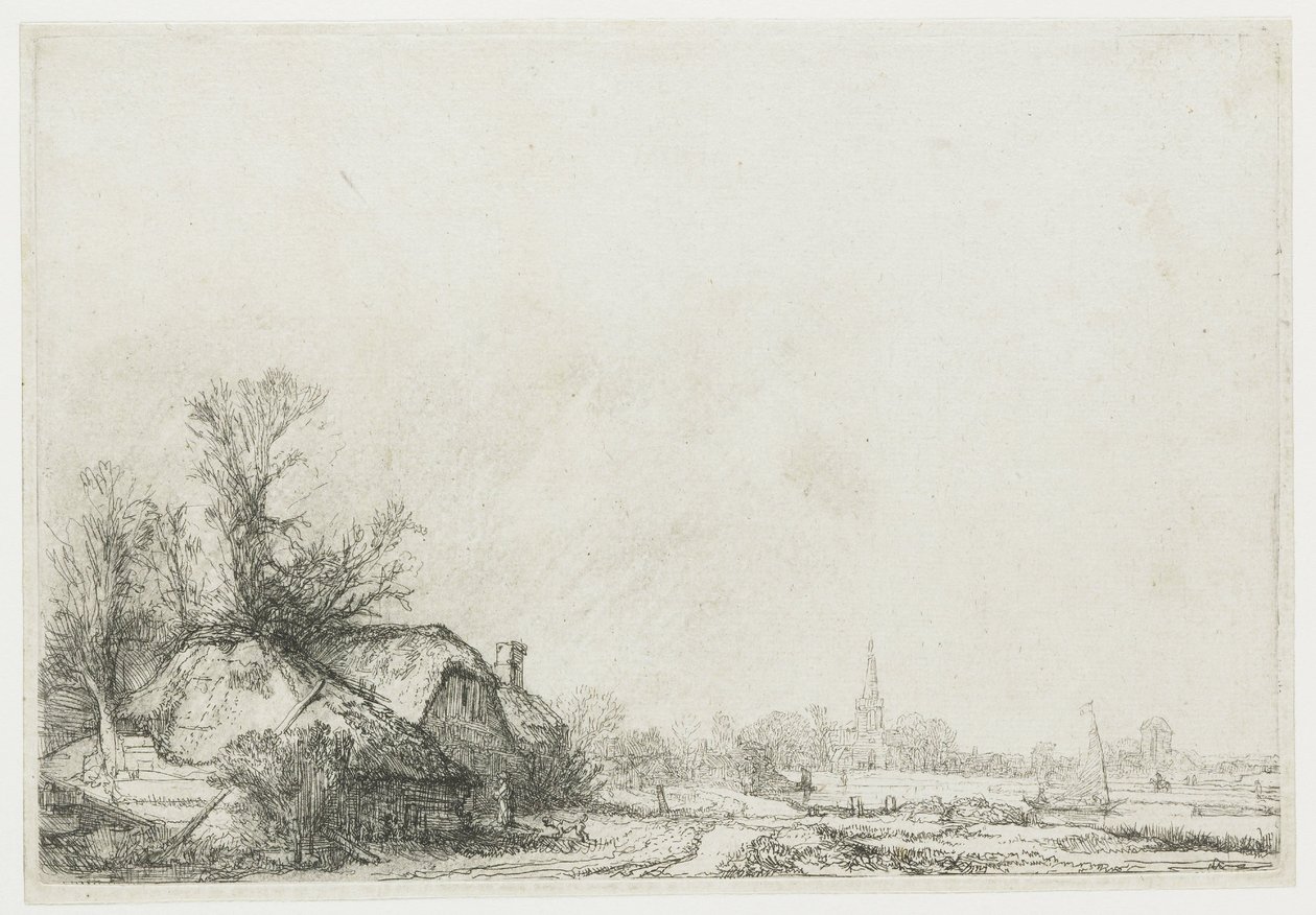Chaty u kanálu: Pohled na Ouderkerk aan de Amstel od Rembrandt van Rijn