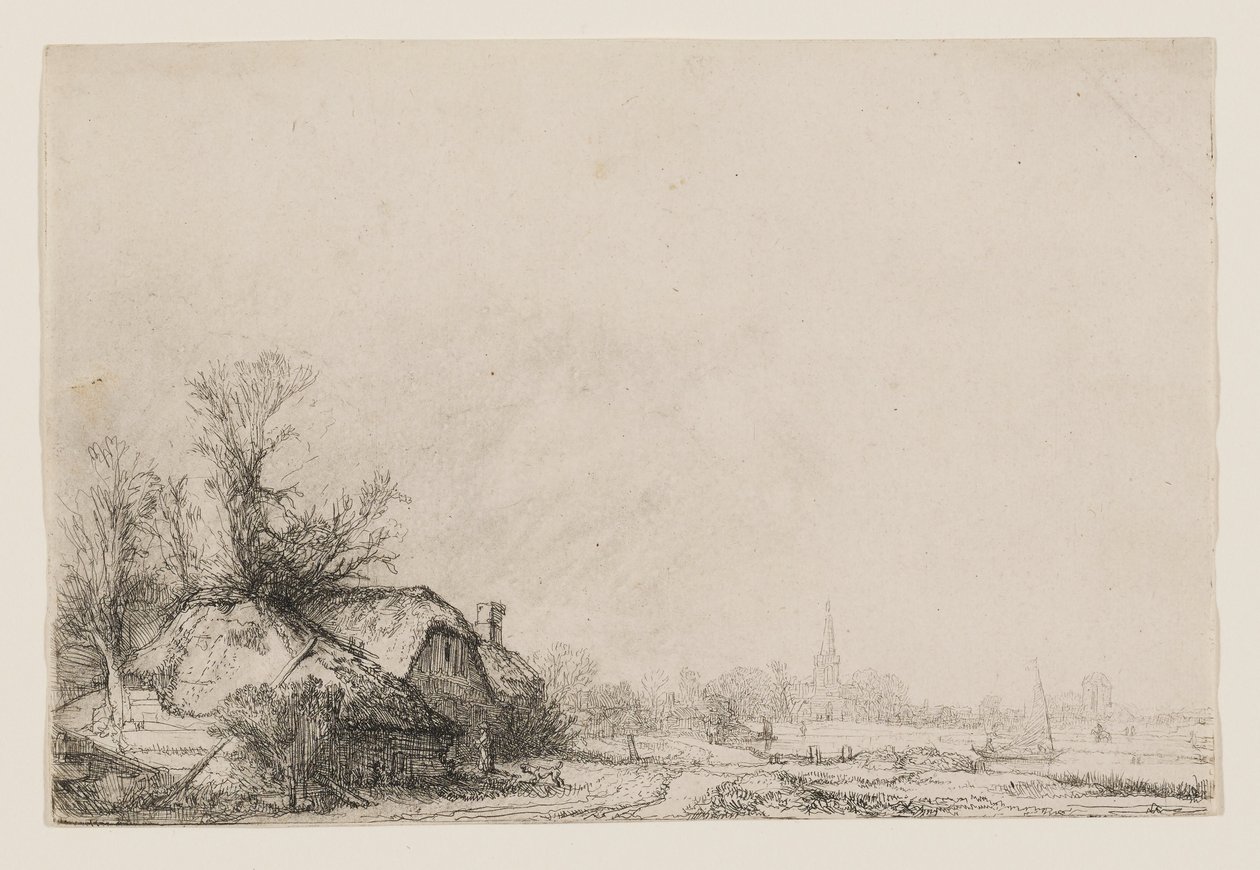 Chaty u kanálu s kostelem a plachetnicí od Rembrandt van Rijn