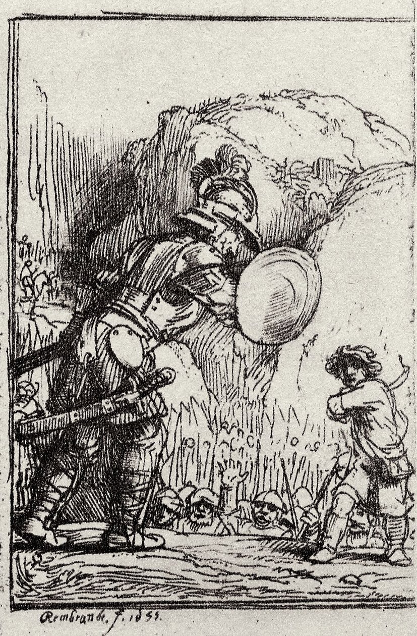 David a Goliáš. Ilustrace pro Piedra gloriosa od Menasseh ben Israel od Rembrandt van Rijn