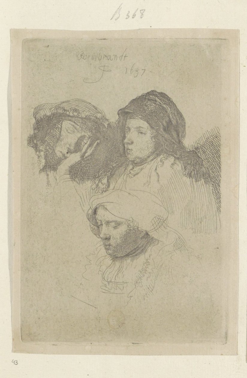 Tři ženské hlavy, jedna spící Recueil de quatre-vingt-cinq estampes originales (název série) od Rembrandt van Rijn
