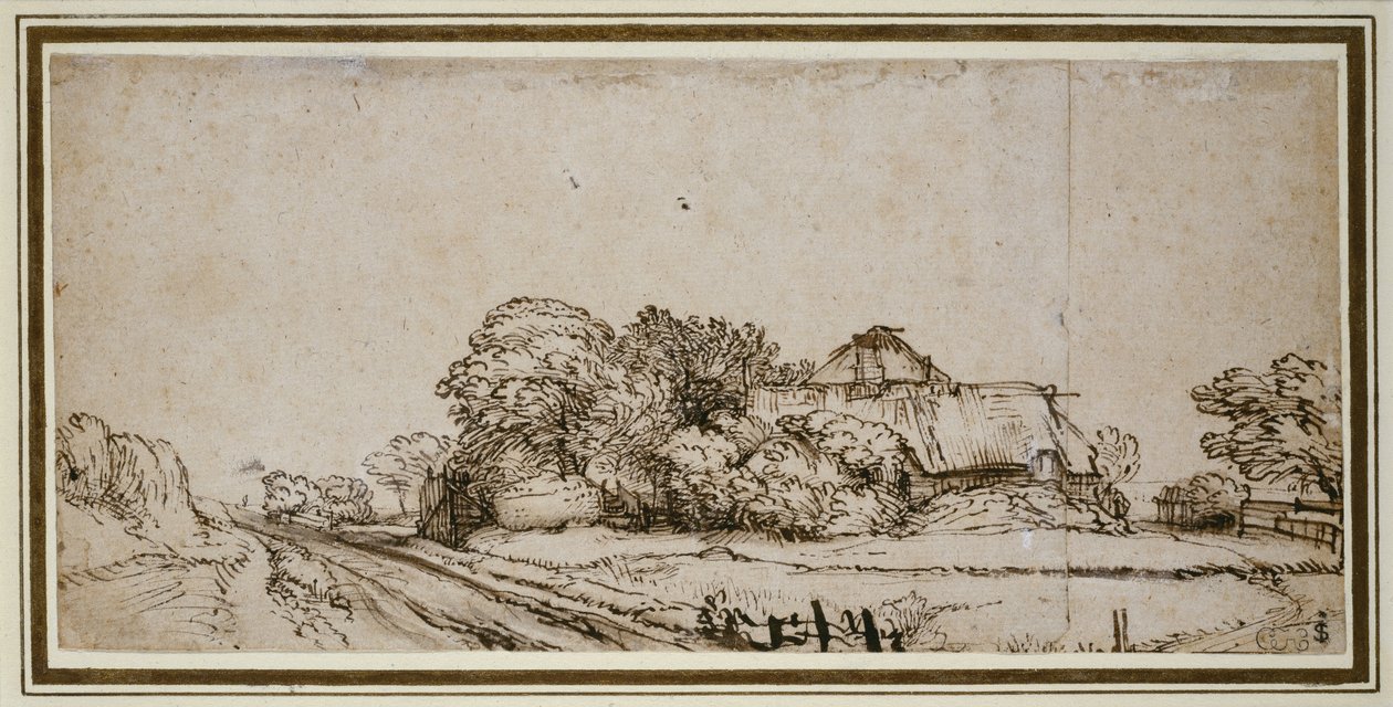 Zemědělské budovy vedle silnice (pero a hnědý inkoust s hnědým oplachem) od Rembrandt van Rijn