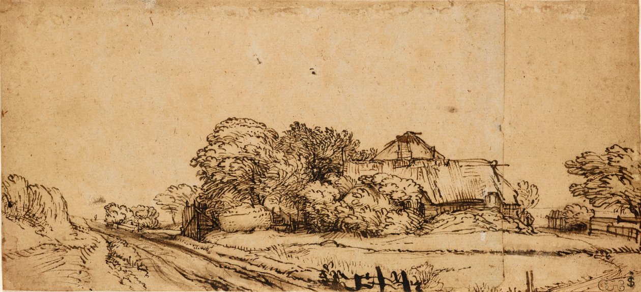 Hospodářské budovy vedle silnice, polovina 17. století, od Rembrandt van Rijn