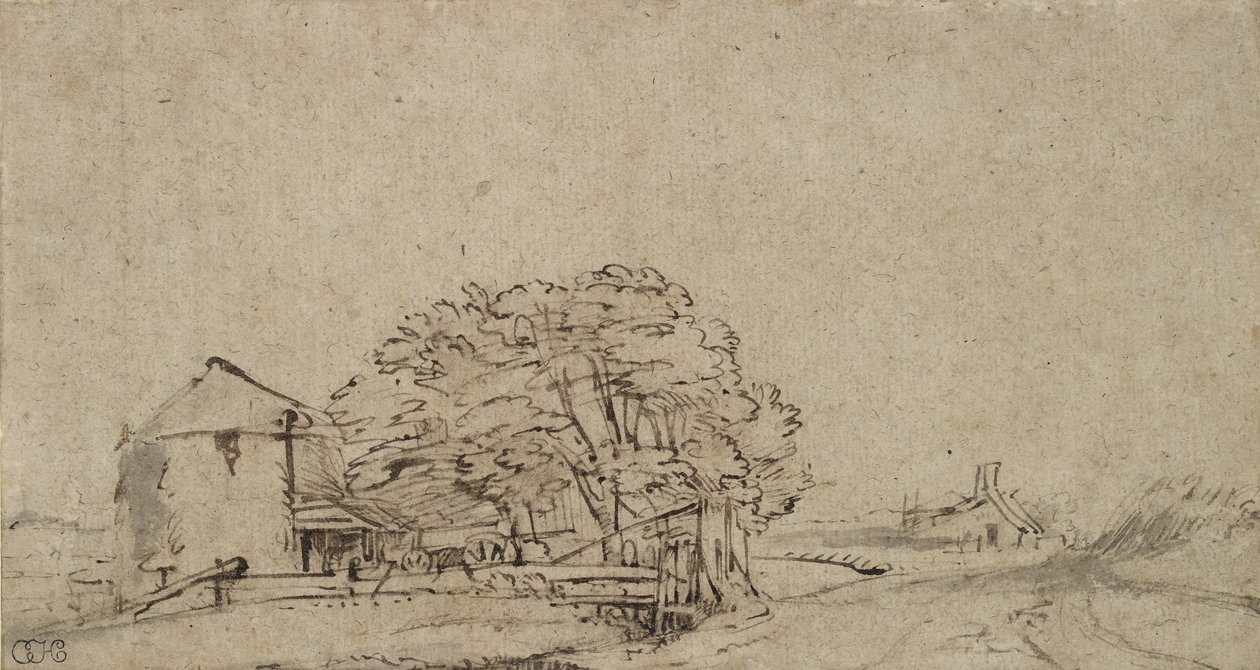 Hospodářská budova u silnice se vzdálenou zemědělskou usedlostí, 1650-69 (pero a hnědý inkoust s šedou barvou na papíře) od Rembrandt van Rijn