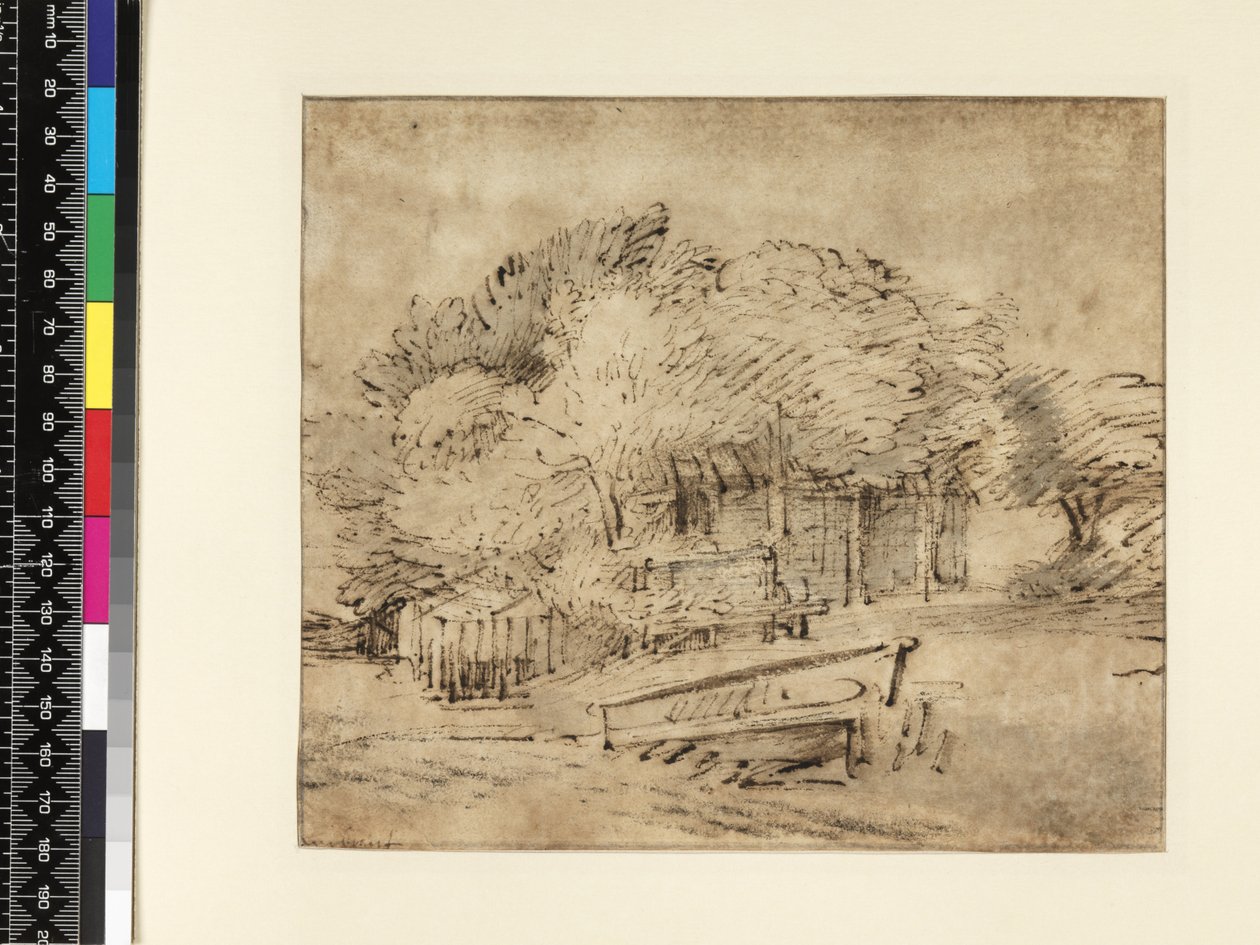 Statek pod stromy, s lávkou, cca 1650 (pero a inkoust s mytím na papíře) od Rembrandt van Rijn