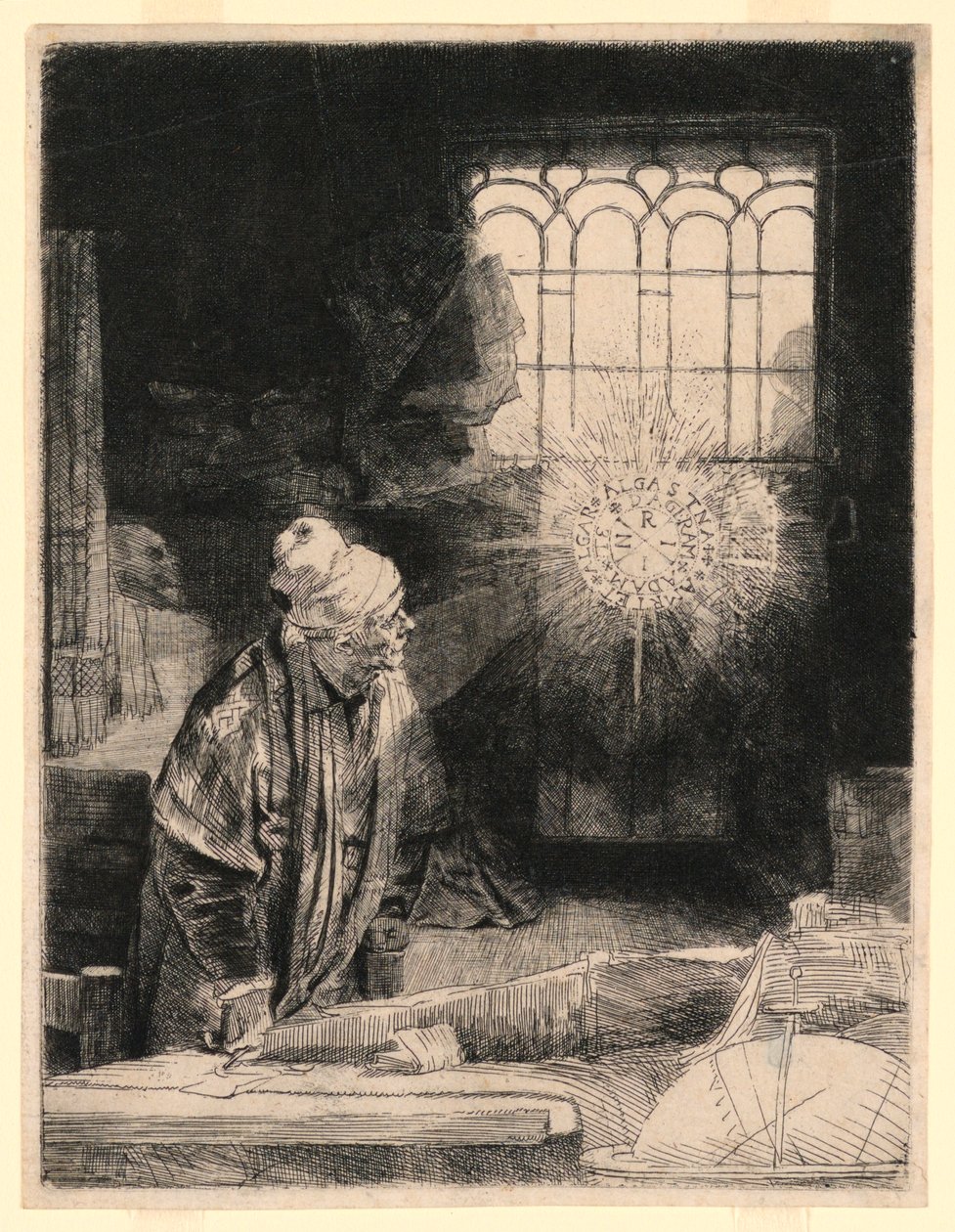 Faust ve své pracovně, sleduje kouzelný disk od Rembrandt van Rijn