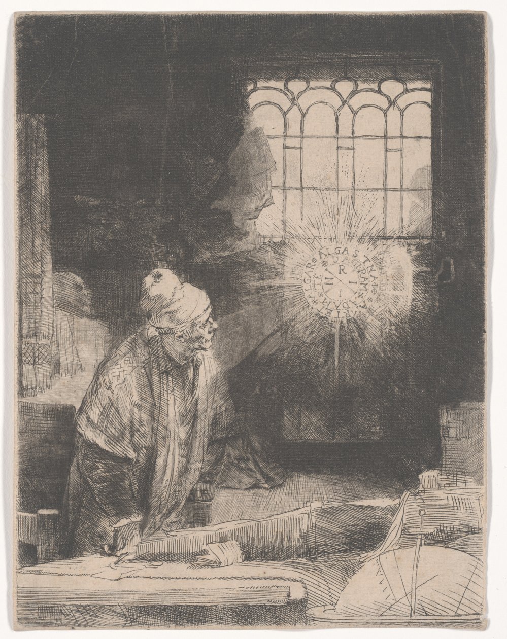 Faust ve své pracovně při sledování magického disku nebo učenec ve své pracovně, kolem roku 1652 od Rembrandt van Rijn