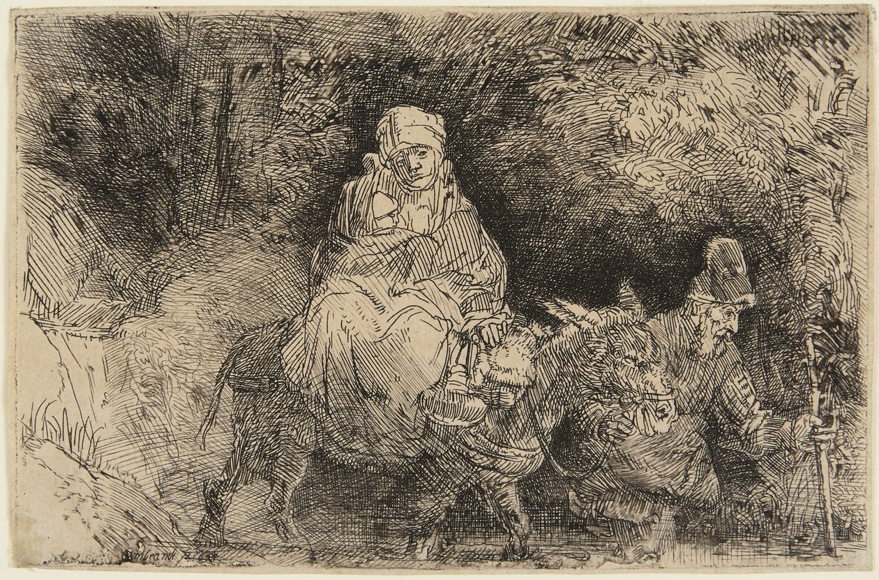 Útěk do Egypta: Svatá rodina překračuje potok od Rembrandt van Rijn