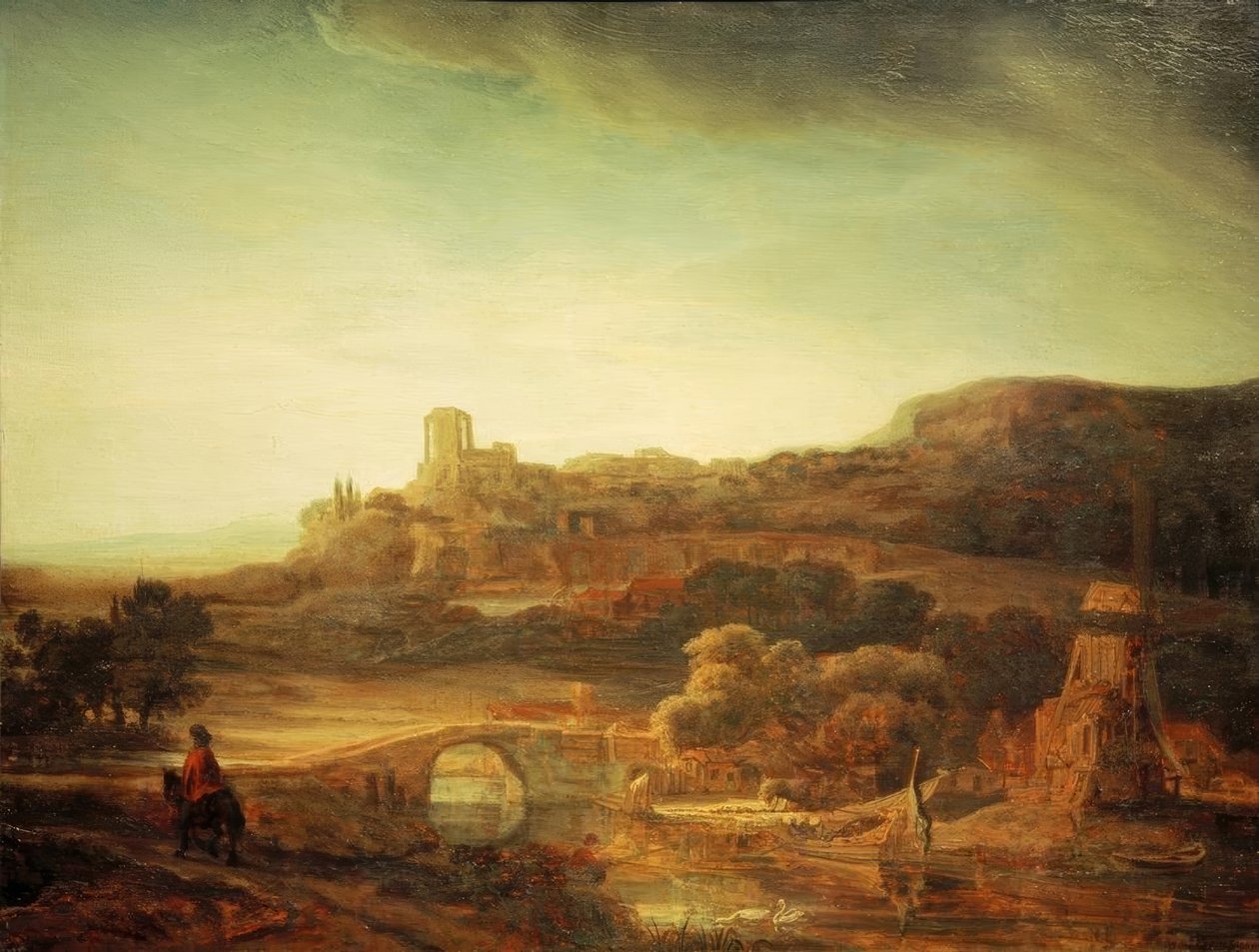 Říční krajina s větrným mlýnem od Rembrandt van Rijn