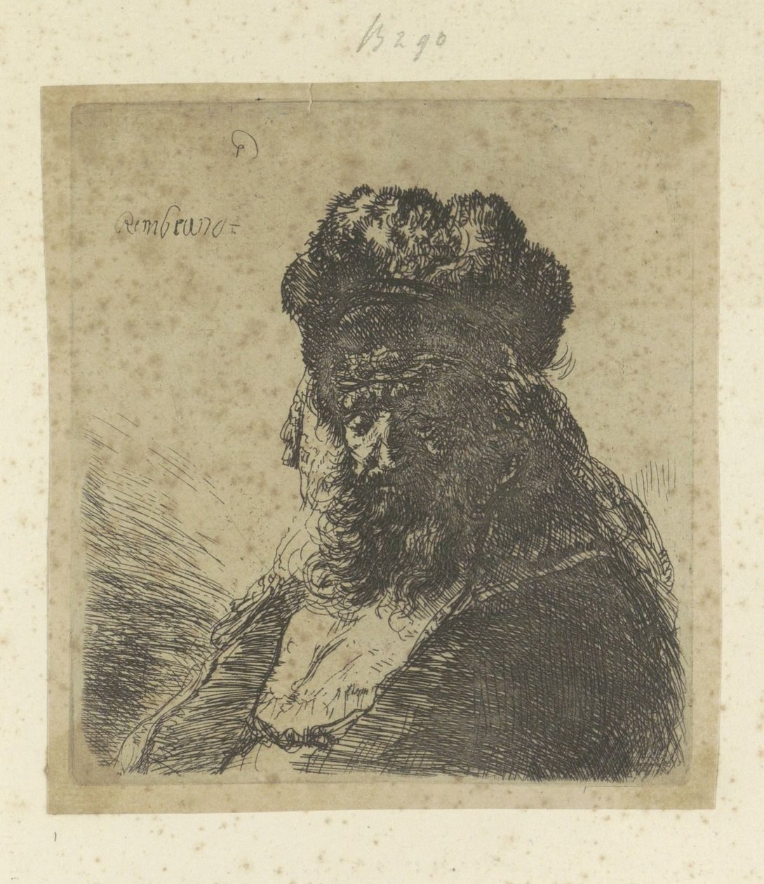 Vousatý starý muž s vysokou kožešinovou čepicí a zavřenýma očima Recueil de quatre-vingt-cinq estampes originales (název série) od Rembrandt van Rijn