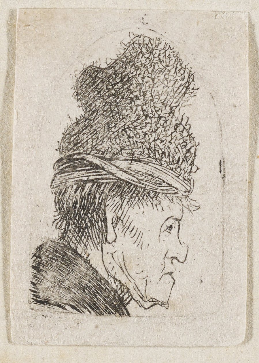 Groteskní profil: Muž v čepici s vysokým kšiltem od Rembrandt van Rijn