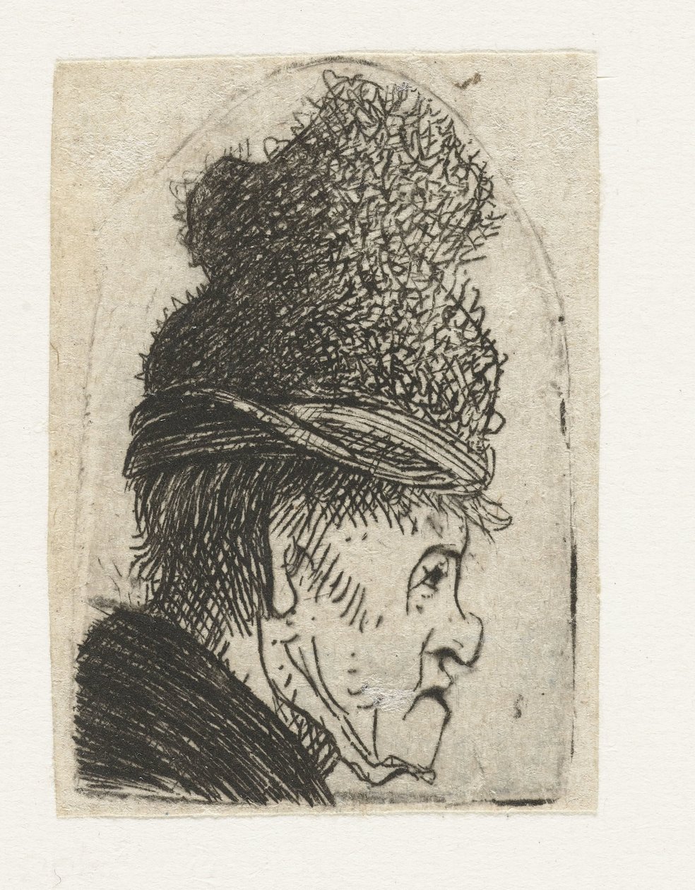 Groteskní profil: muž v čepici s vysokým kšiltem od Rembrandt van Rijn
