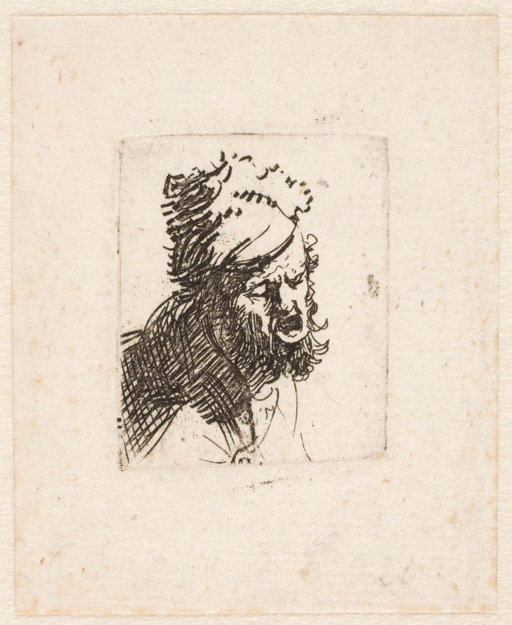 Hlava muže v kožešinové čepici, který křičí od Rembrandt van Rijn