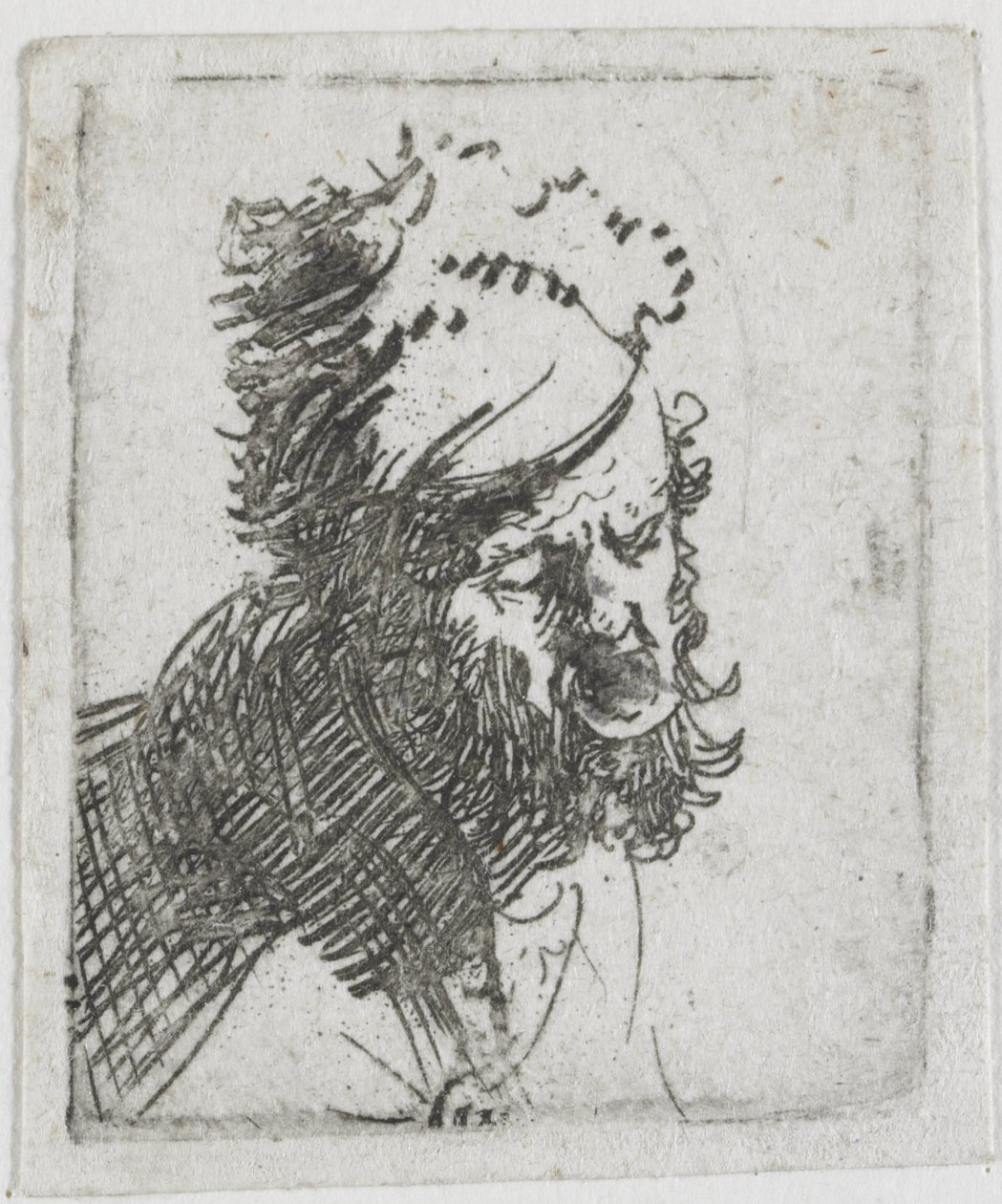 Hlava muže v kožešinové čepici, který křičí od Rembrandt van Rijn