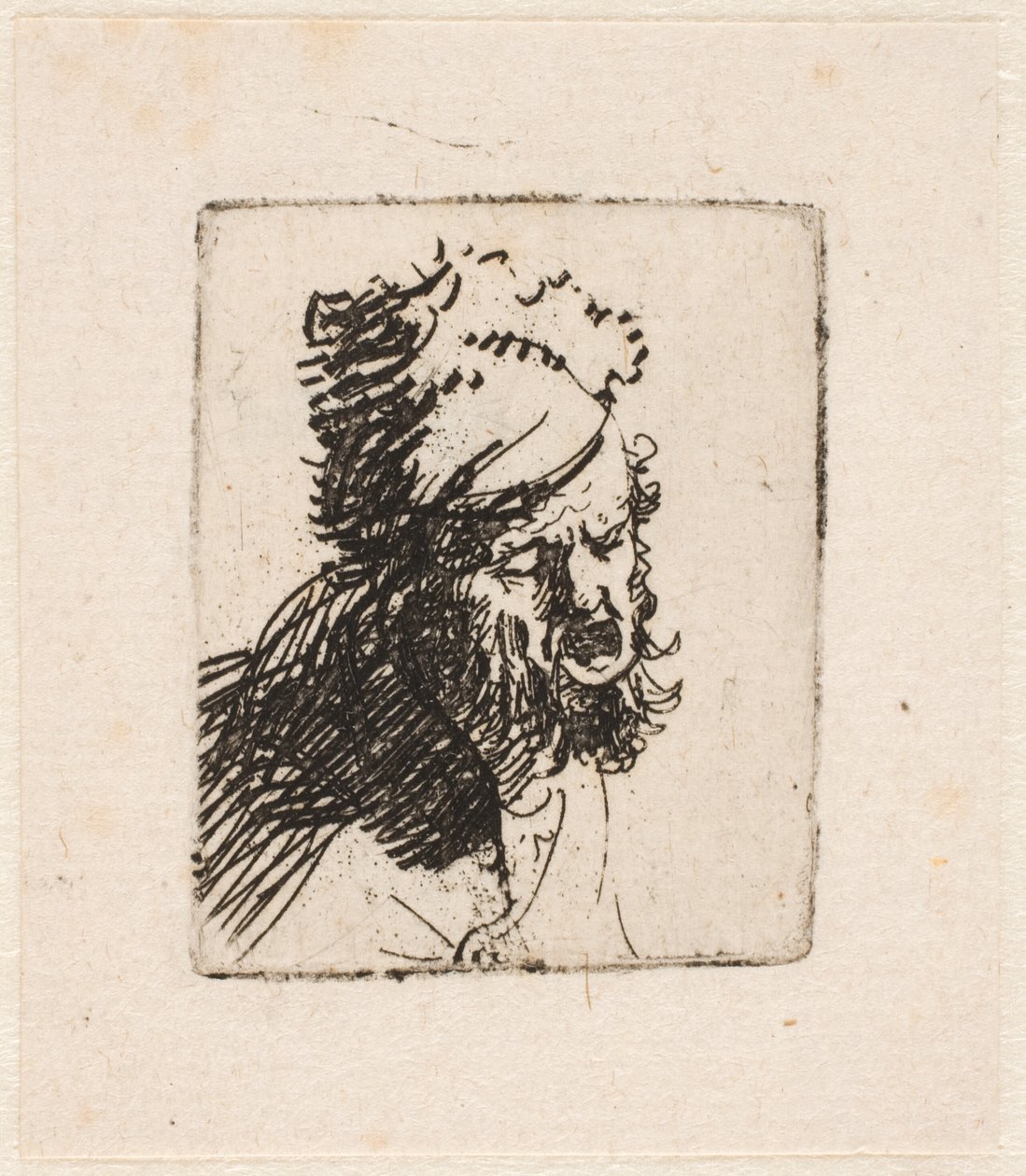 Hlava muže v kožešinové čepici, který křičí od Rembrandt van Rijn