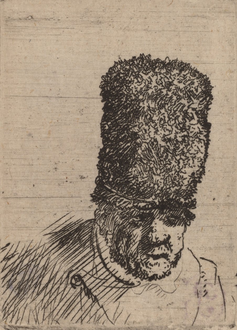 Hlava starého muže ve vysoké kožešinové čepici. od Rembrandt van Rijn