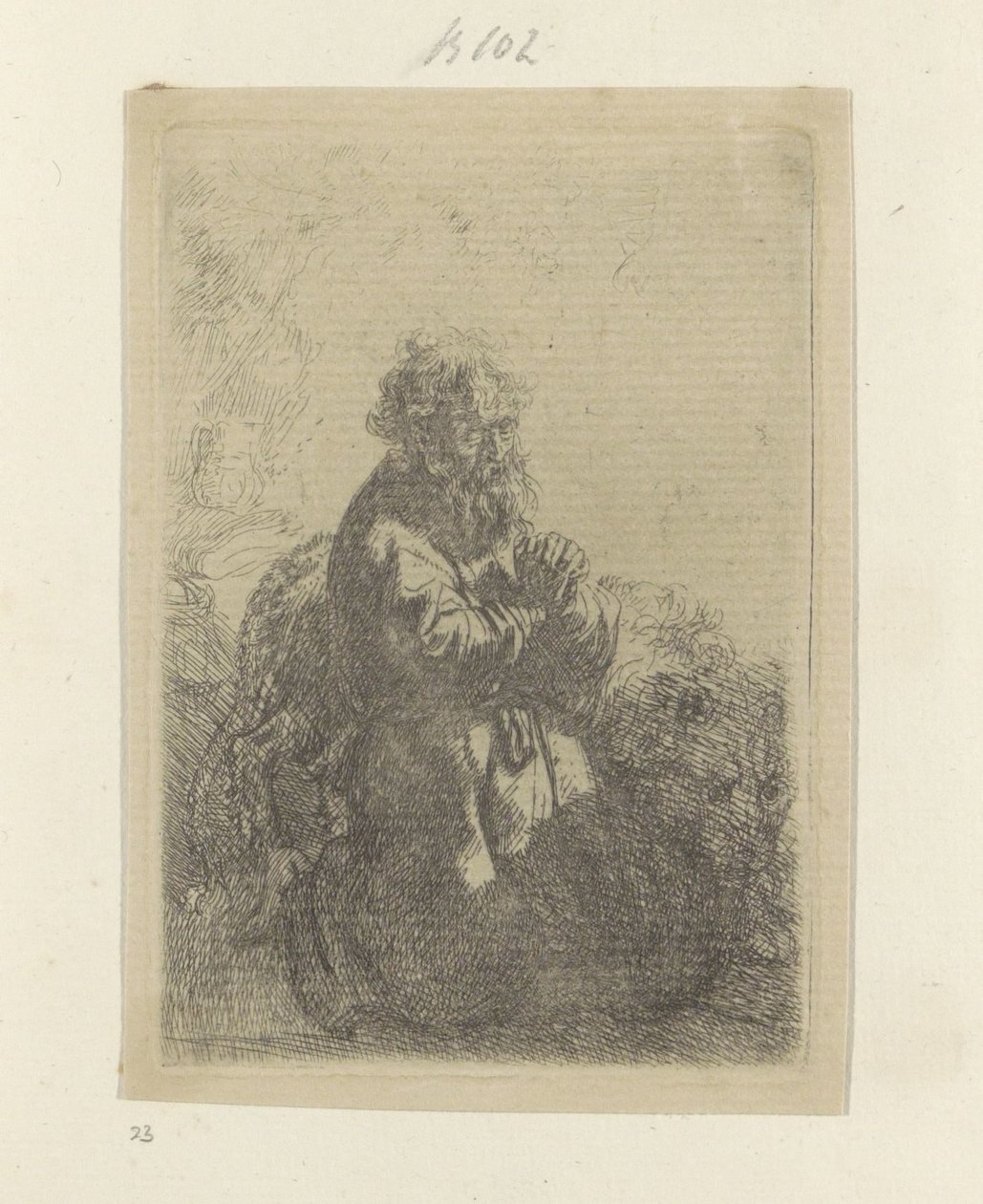 Jerome klečí v modlitbě a dívá se dolů Recueil de quatre-vingt-cinq estampes originales (název série) od Rembrandt van Rijn