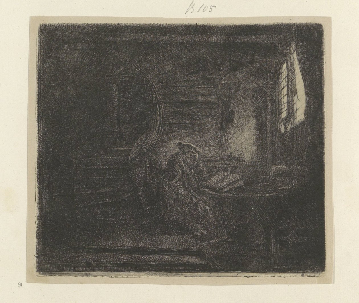 Hieronymus v een donker studeervertrek Kolekce osmdesáti pěti původních tisků (název série) od Rembrandt van Rijn