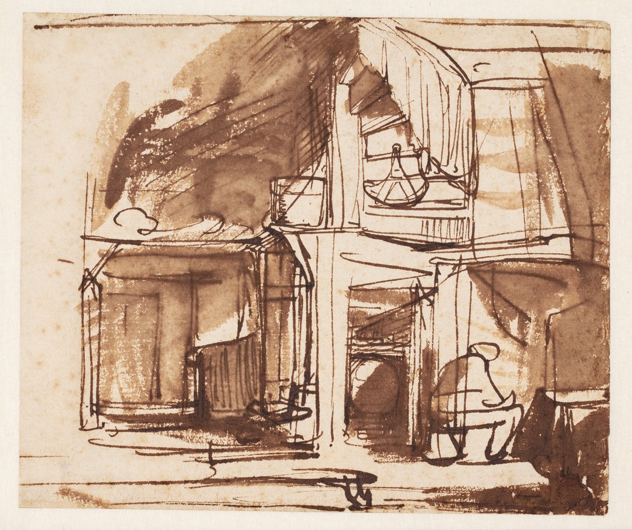 Interiér s točitým schodištěm a sedícím mužem od Rembrandt van Rijn