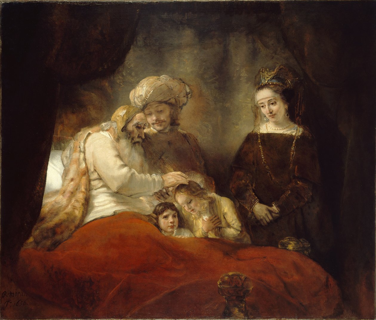 Jakub požehnání Efraimovi a Manassemu, 1656 od Rembrandt van Rijn