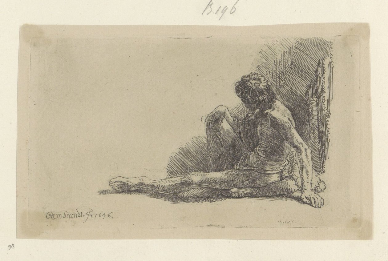 Mladý muž sedí na podlaze s jednou nohou prodlouženou Recueil de quatre-vingt-cinq estampes originales (název série) od Rembrandt van Rijn
