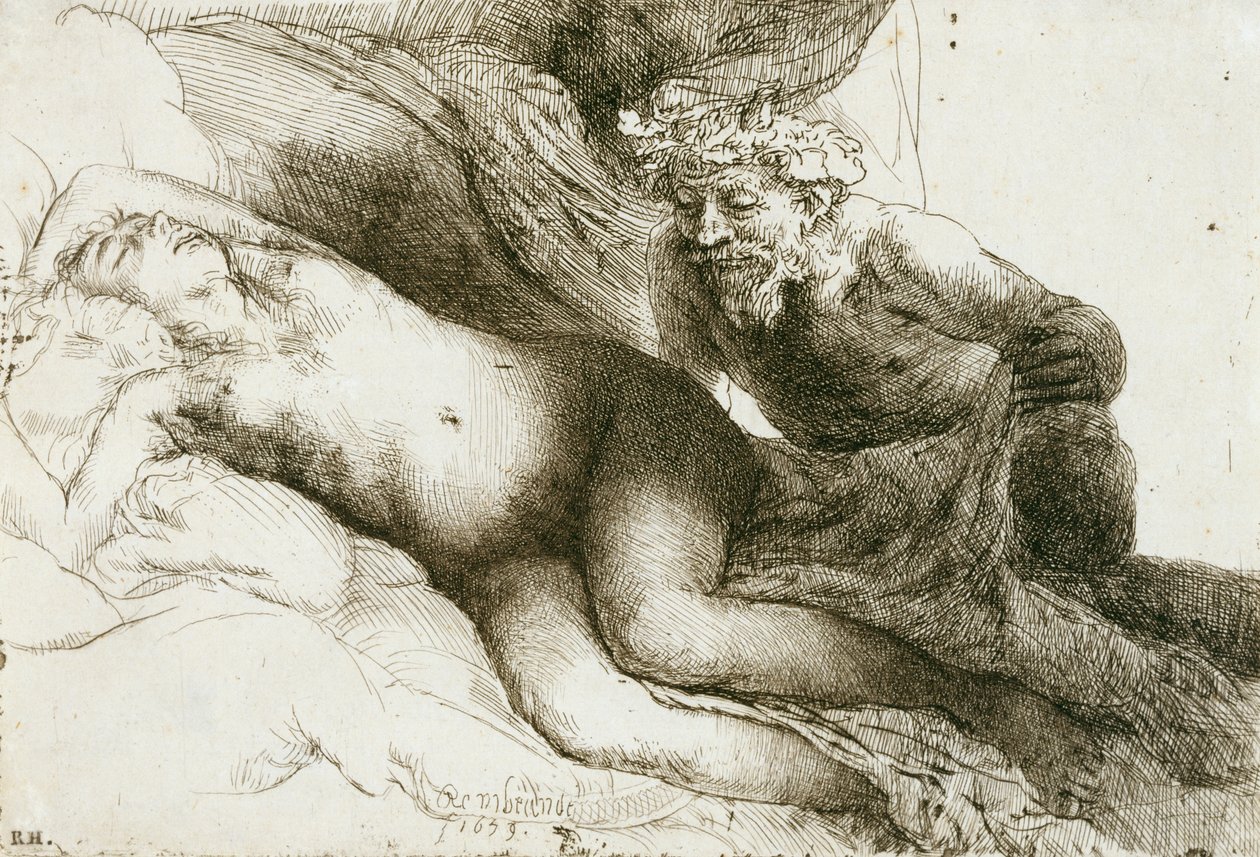 Jupiter a Antiope, 1659 (lept s rytinou a suchou jehlou) od Rembrandt van Rijn