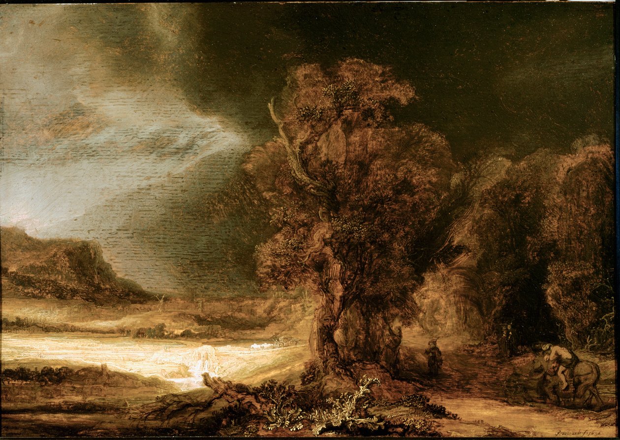 Obraz Krajina u dobrého Samaritána od Harmenszoona van Rijna dit Rembrandta (1606-1669) 1638 Sun. 46,5x66 cm Muzeum Czartoryských, Krakov, Polsko od Rembrandt van Rijn