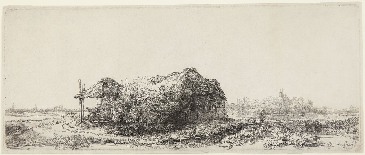Krajina s chalupami a seníkem od Rembrandt van Rijn